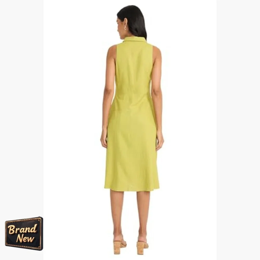 Sleeveless Button Down Linen Midi Dress A-Line Business Casual